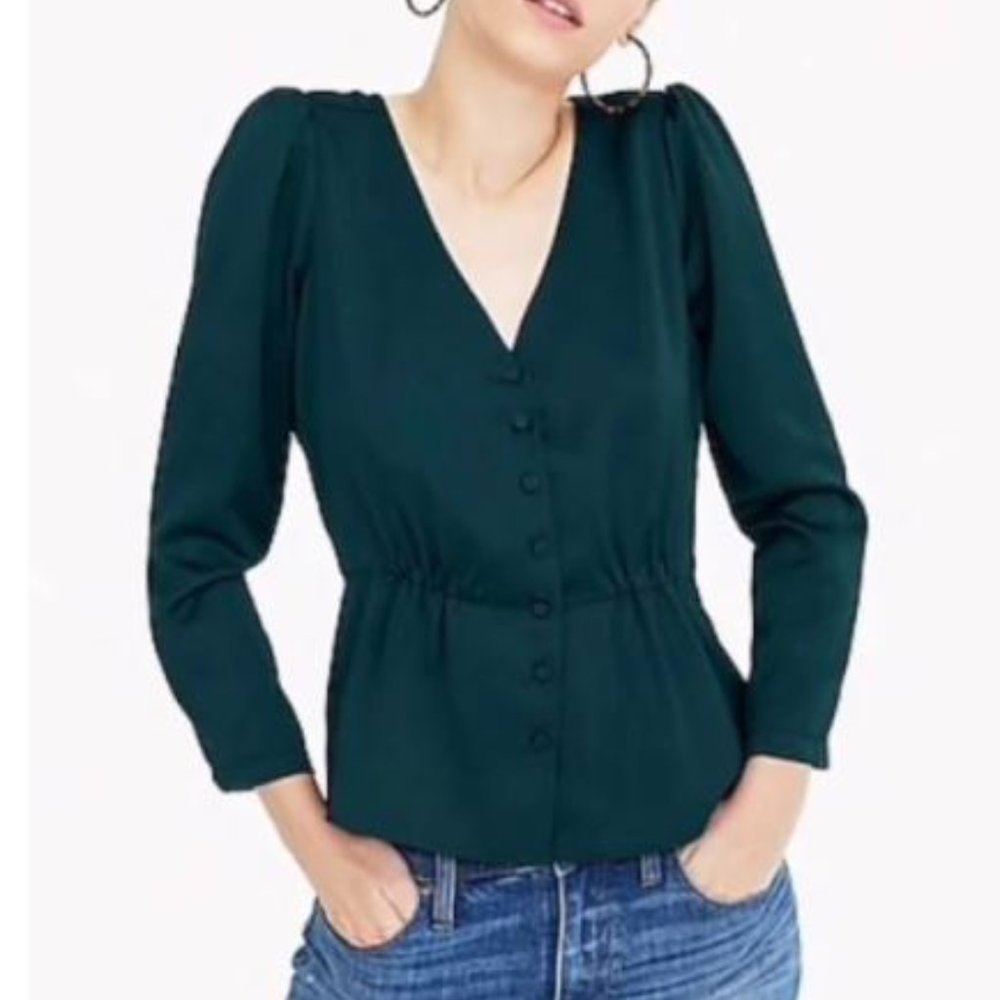 J Crew Emerald Green Button Satin Peplum Blouse